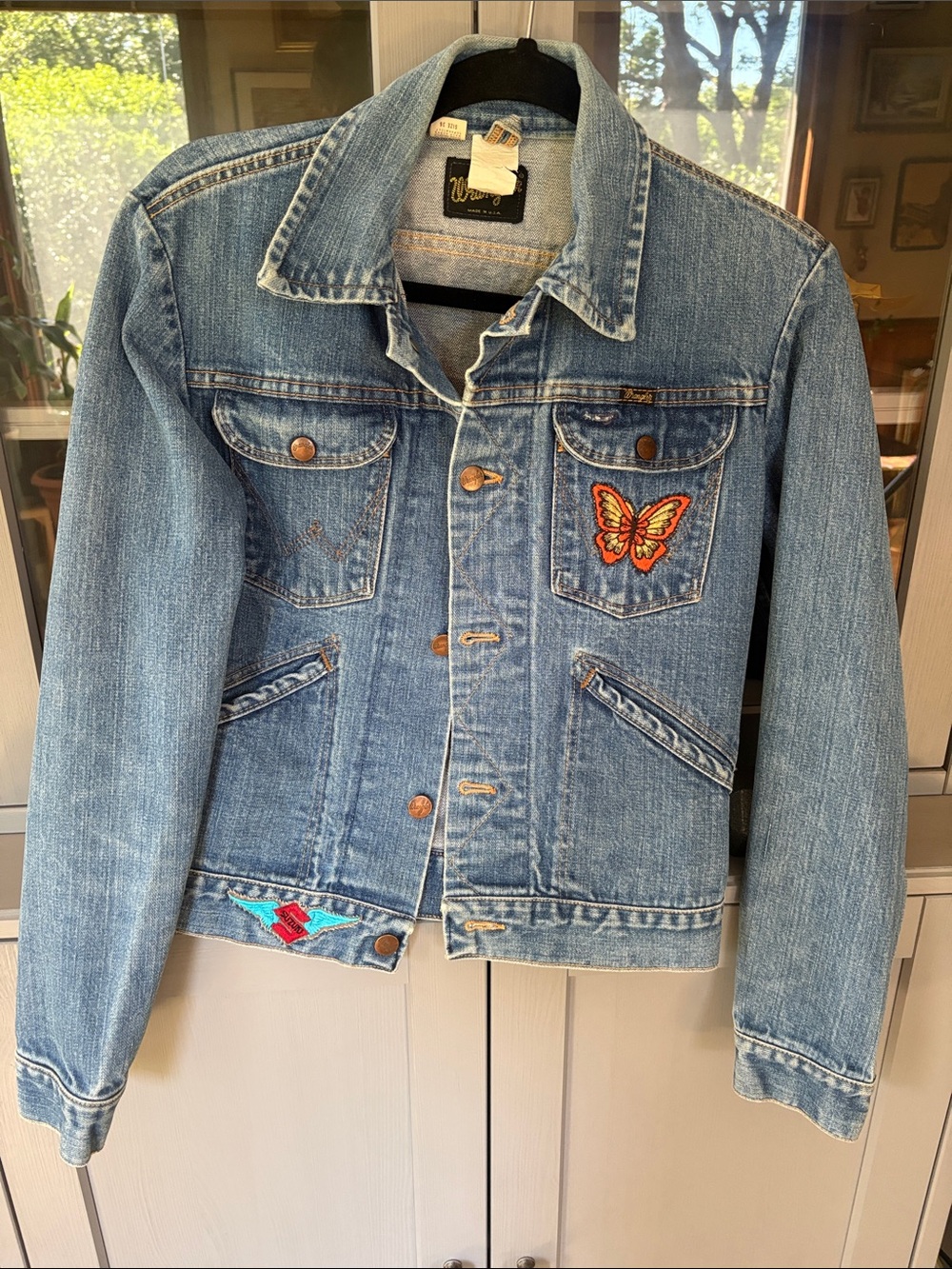 Vintage Wrangler Blue Denim Jacket with Colorful Butterfly Patch